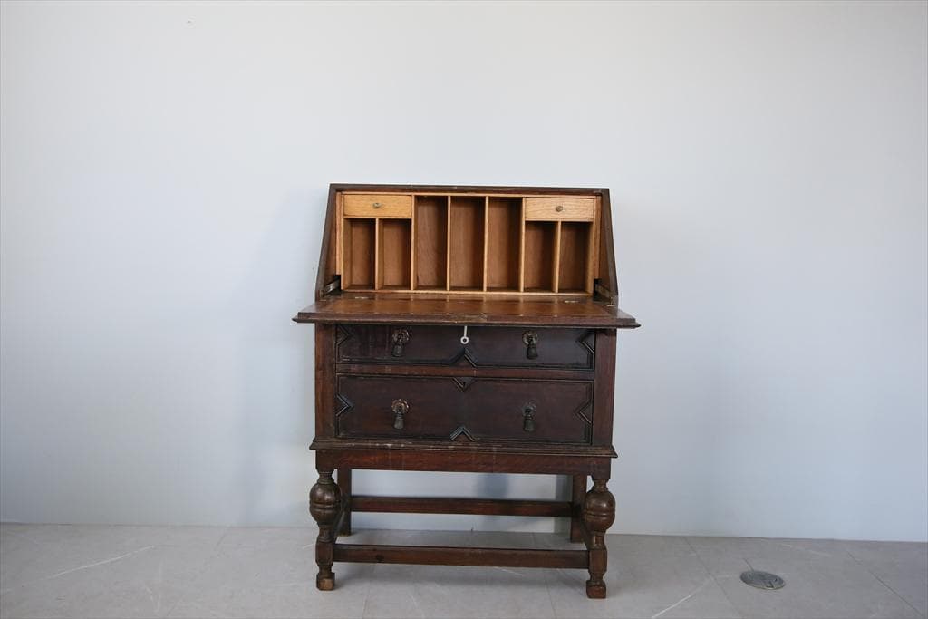 英国アンティーク木製ライティングビューロー/勉強机デスク/チェスト(92-225