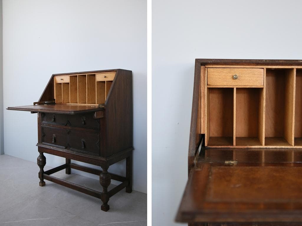英国アンティーク木製ライティングビューロー/勉強机デスク/チェスト(92-225