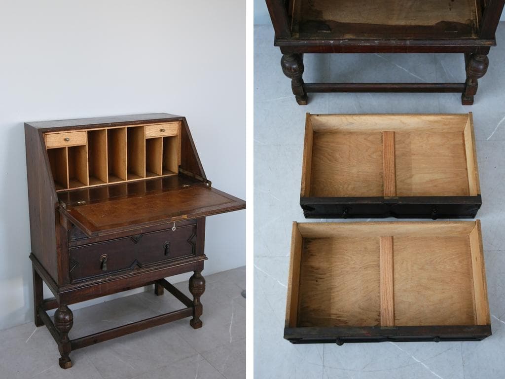英国アンティーク木製ライティングビューロー/勉強机デスク/チェスト(92-225