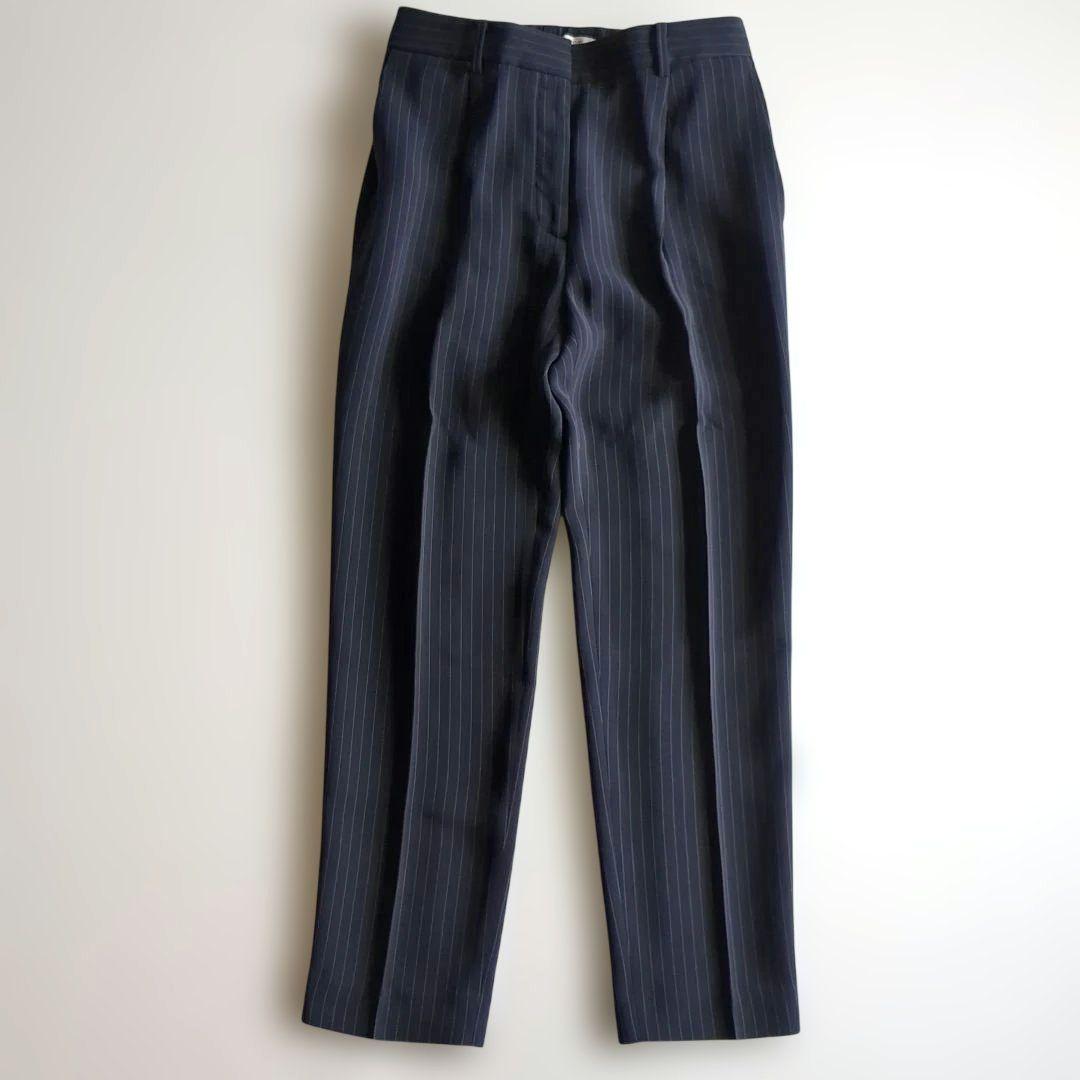 極美品★プラステ パンツスーツ カラーレス テーパードパンツ ストライプ 紺 M