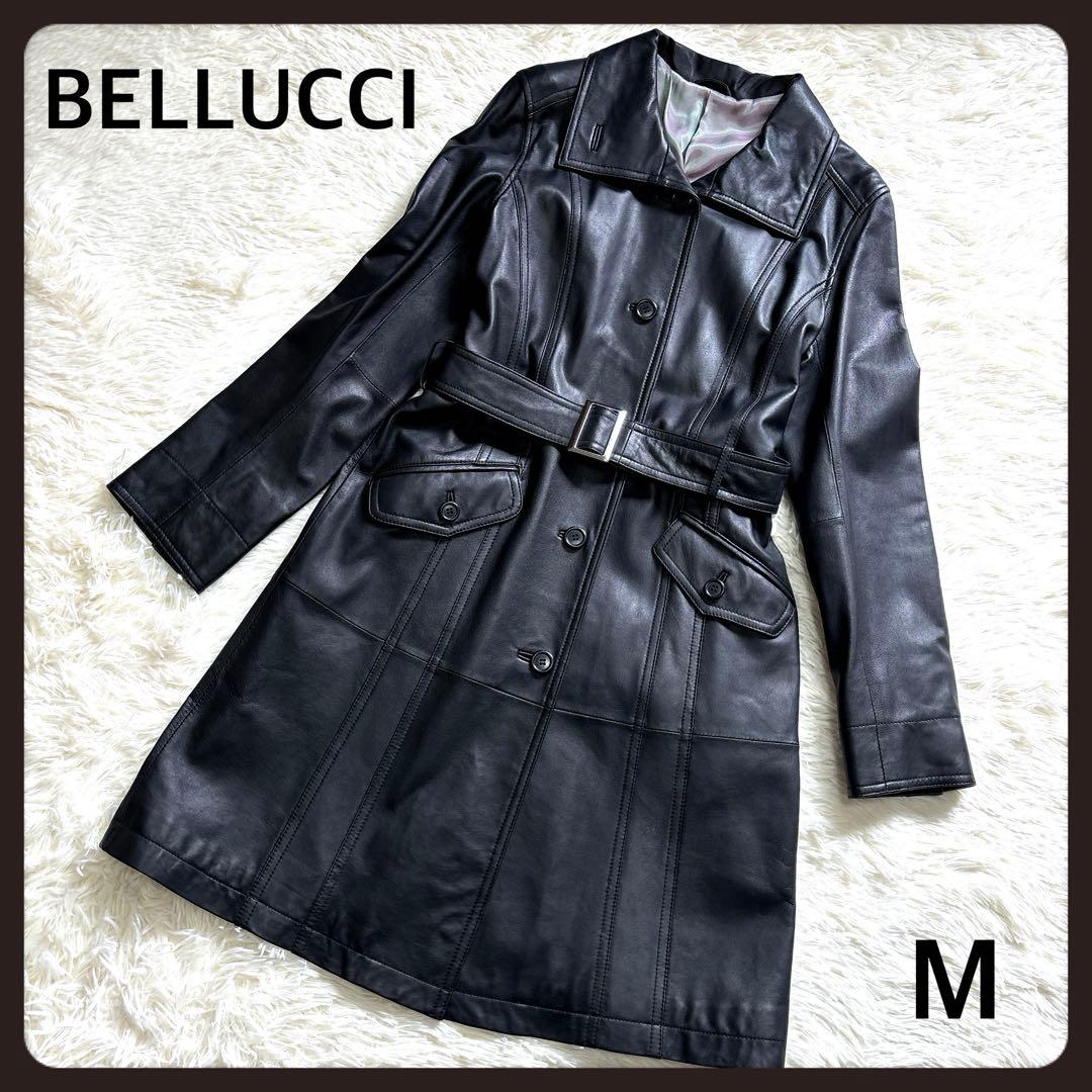 スペイン製✨BELLUCCI ラムレザー ステンカラーコート M 黒 ベルト付き