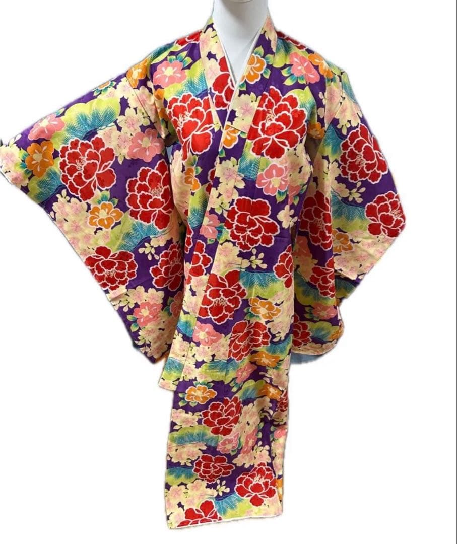 七五三 7歳祝い着用 子ども着物花柄 紫 赤 黄色 マルチカラー 晴れ着