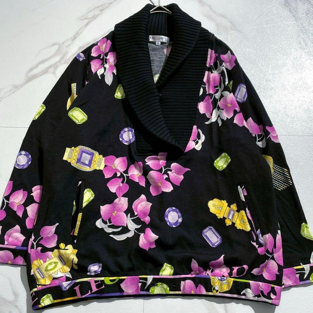 極美品✨レオナールスポーツ ショールカラーニット ウール100 花柄 宝石 42