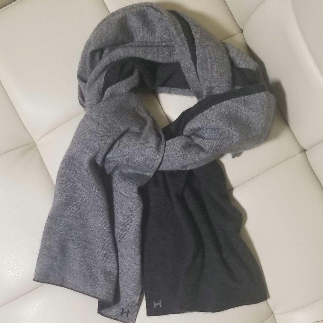 エルメス　アレ・ルトゥールメンズマフラー　Hロゴ　リバーシブル　ブラック×グレー