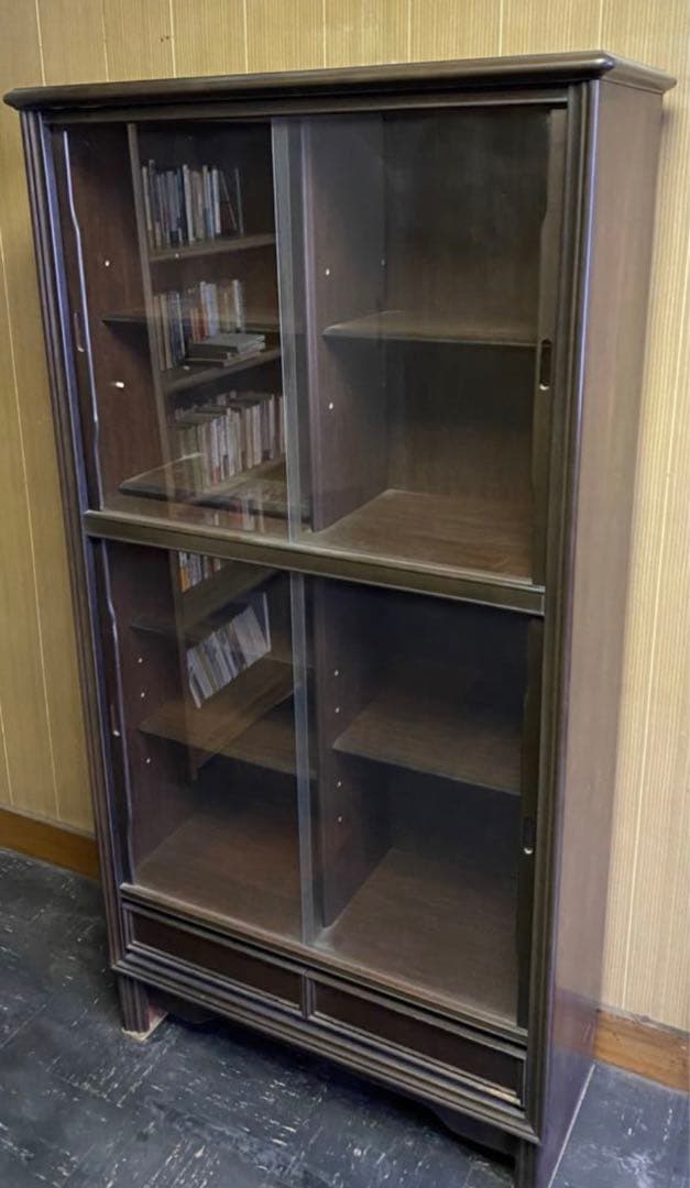 手渡し限定 昭和レトロ ガラス戸付 高級 本棚 収納棚 飾り棚 無垢 木製