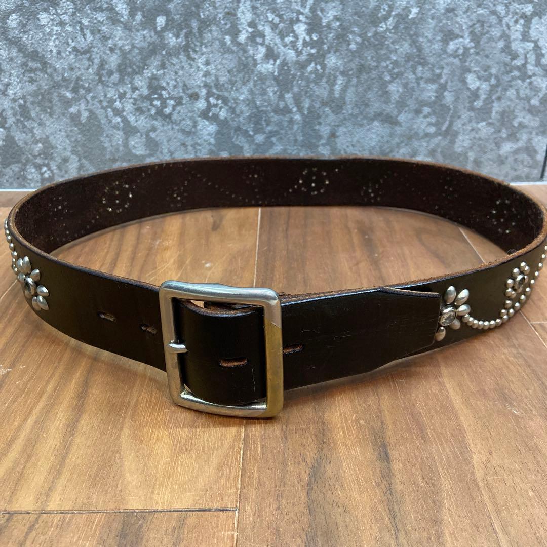 HTC フラワースタッズ クリアストーン ブラックレザーベルト 34inch