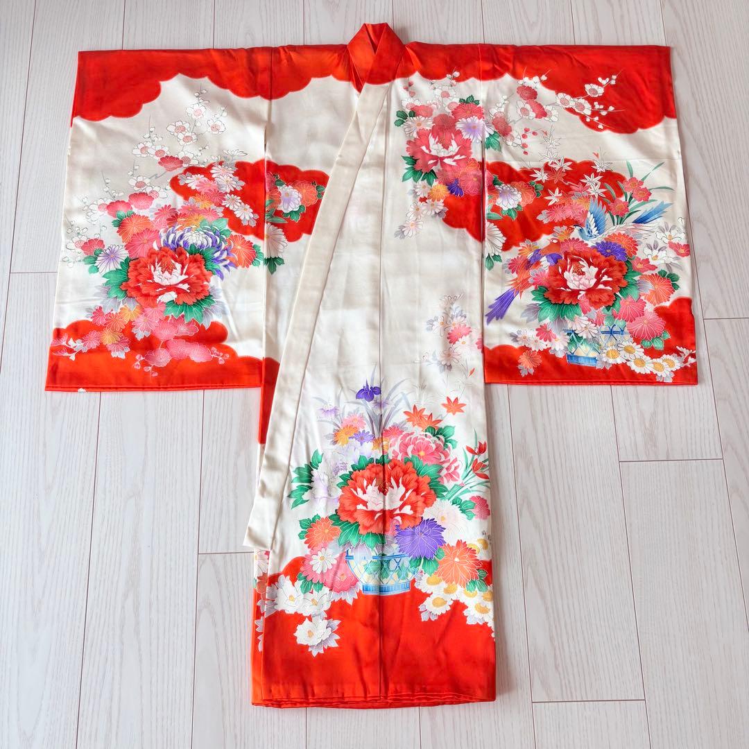 七五三 子供着物　３歳　鳥　オレンジ