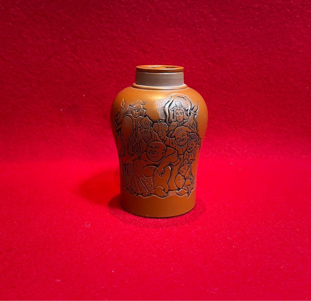 常滑焼 名工 梅原玉堂 朱泥 七福神茶入 茶道具