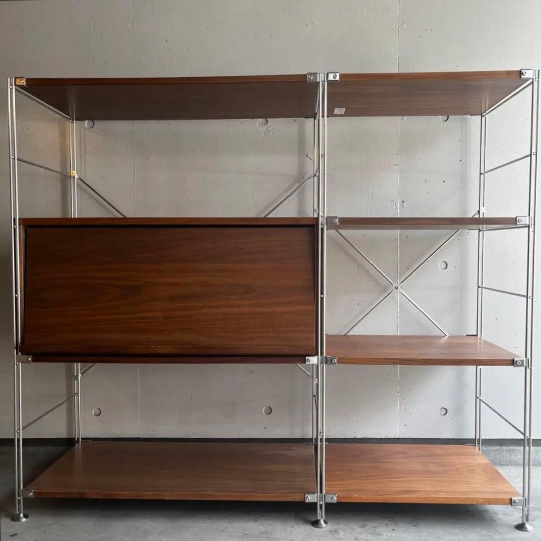 美品★無印 ステンレスユニットシェルフ　ウォールナット材棚・フラップ扉連結セット