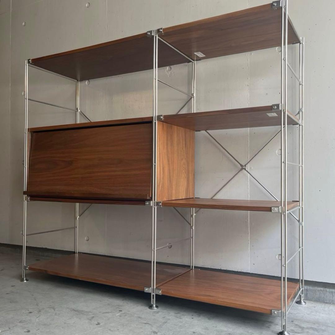 美品★無印 ステンレスユニットシェルフ　ウォールナット材棚・フラップ扉連結セット