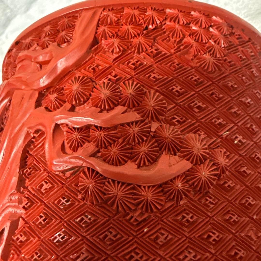 中国美術堆朱彫刻鶴図木製筆立本物保証古唐物／彫漆／堆朱／花紋／煎茶道具／書道具