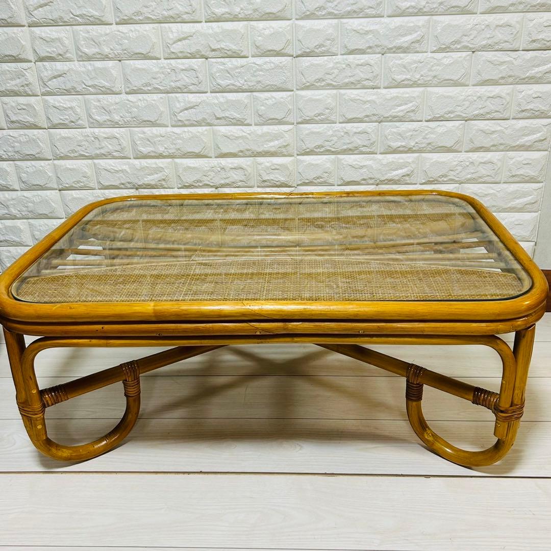 【美品】昭和レトロ ラタン ガラス天板 センターテーブル ローテーブル