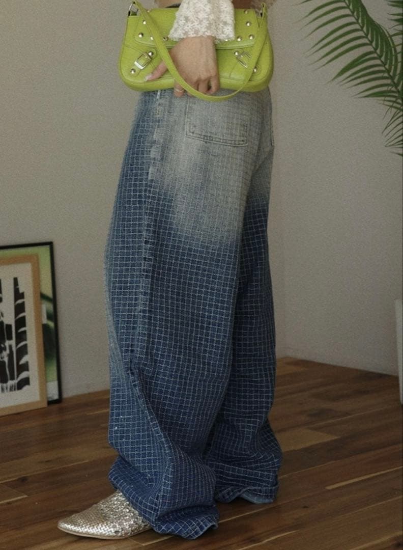 グラデーションブルー チェック柄 デニムパンツ osrs オリシス