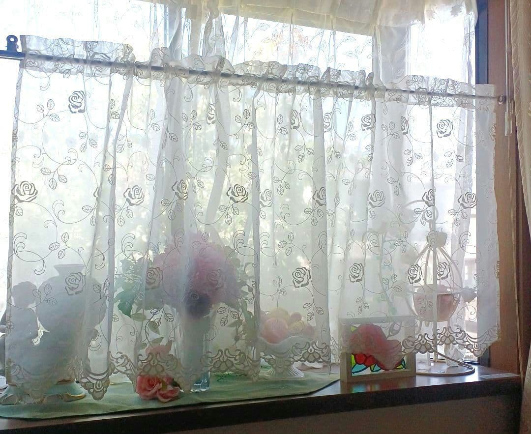 カフェカーテン【バラ刺繍トルコレース　スカラップ】ハンドメイド