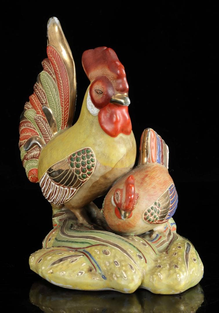 九谷焼 色絵金彩 酉 置物 木箱付 鶏 鳥 縁起物 吉祥 開運 古美術品 骨董品