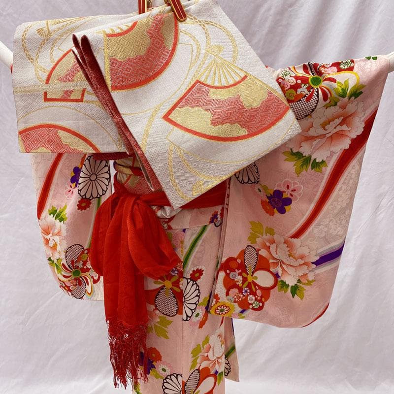 510ag24◎七五三 七歳 女児 アンティーク着物&袋帯 総柄 ピンク系◎
