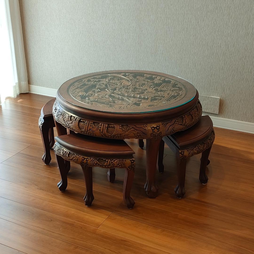 〈美品〉香港製　テーブル　スツールセット　木彫り円卓　猫脚　ガラス天板付き