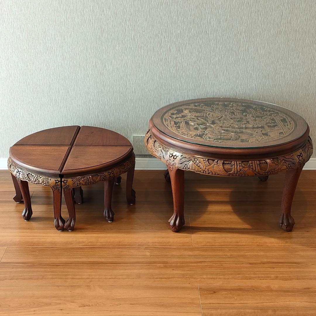 〈美品〉香港製　テーブル　スツールセット　木彫り円卓　猫脚　ガラス天板付き