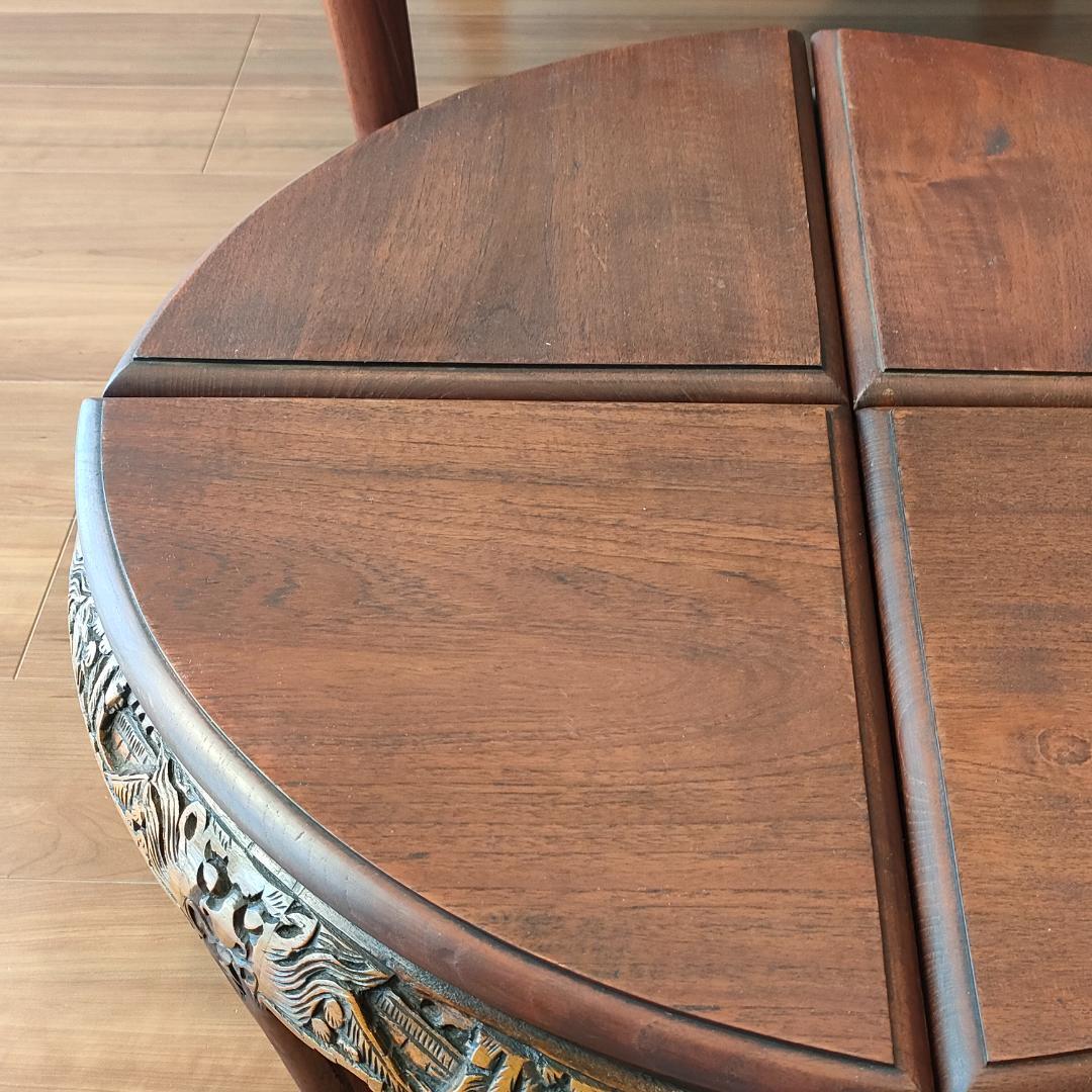 〈美品〉香港製　テーブル　スツールセット　木彫り円卓　猫脚　ガラス天板付き