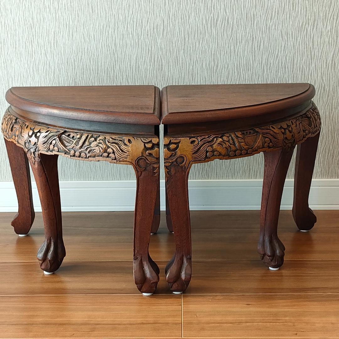 〈美品〉香港製　テーブル　スツールセット　木彫り円卓　猫脚　ガラス天板付き