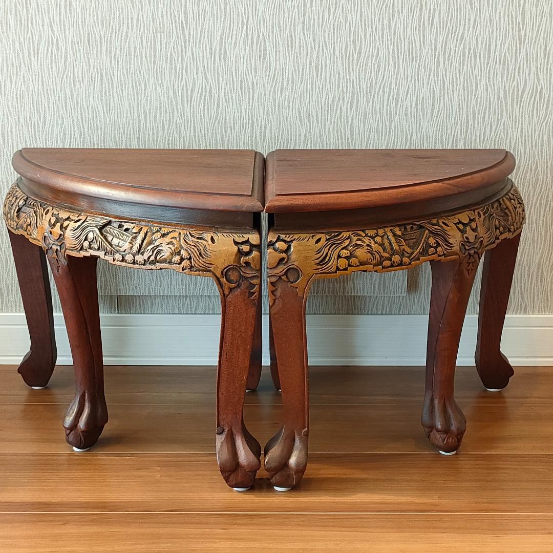 〈美品〉香港製　テーブル　スツールセット　木彫り円卓　猫脚　ガラス天板付き