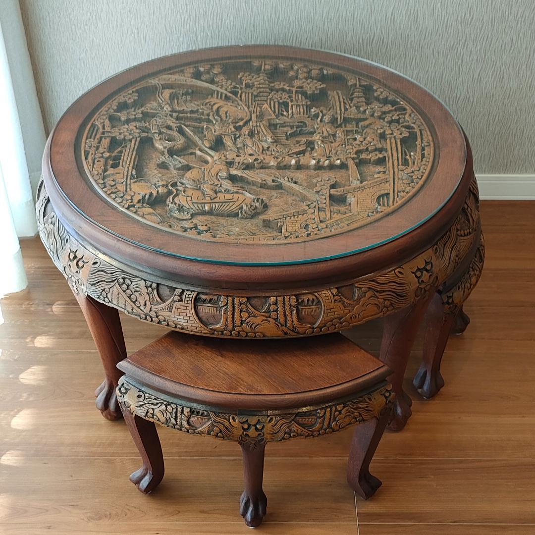 〈美品〉香港製　テーブル　スツールセット　木彫り円卓　猫脚　ガラス天板付き