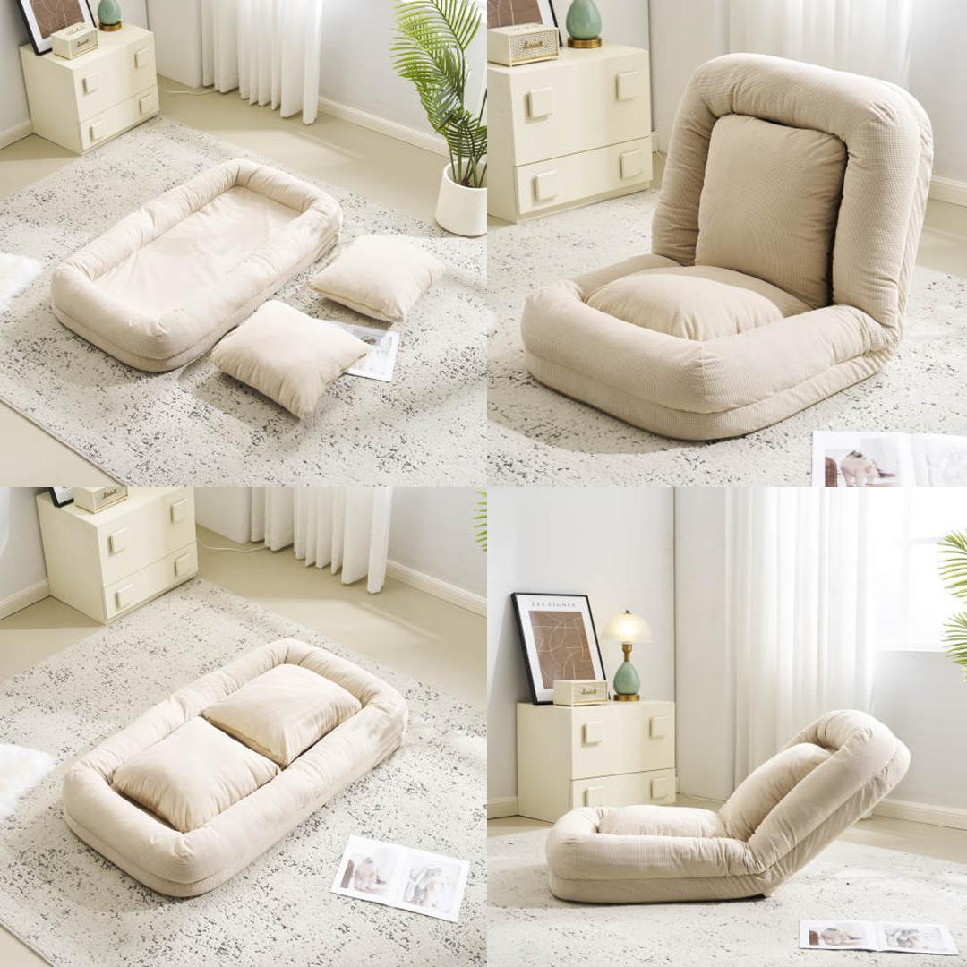 3WAYソファーベッド 枕付き可愛い座椅子 6段階リクライニング折りたたみ式