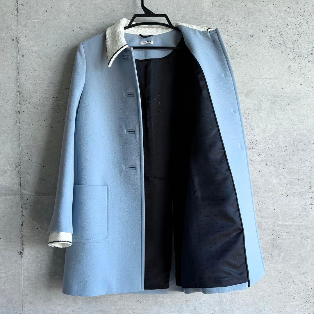 美品 miu miu スパンコール装飾 ステンカラーコート 38 ブルー