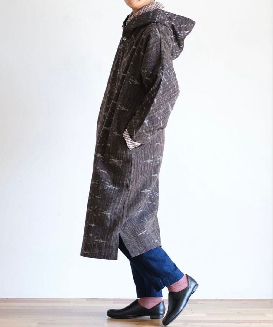 うさとの服  usaato ヘンプコットン 紫絣 フード付コート新品タグ付