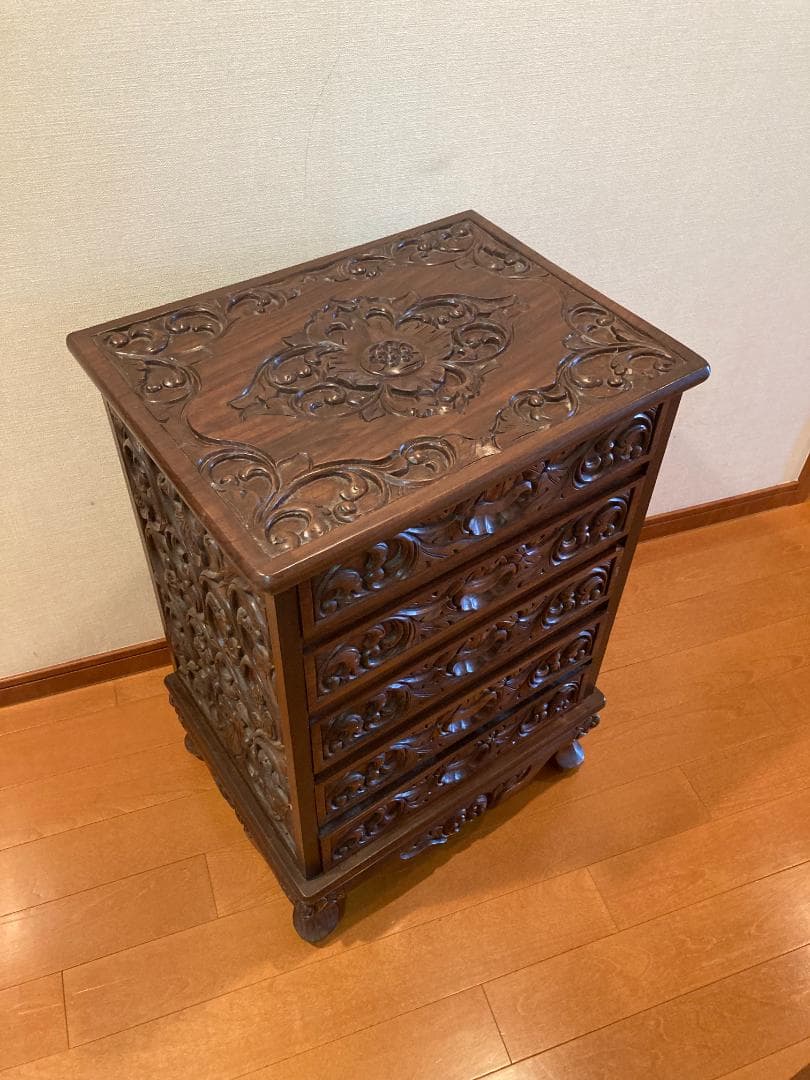 アジアンスタイル 彫刻入り木製チェスト 5段
