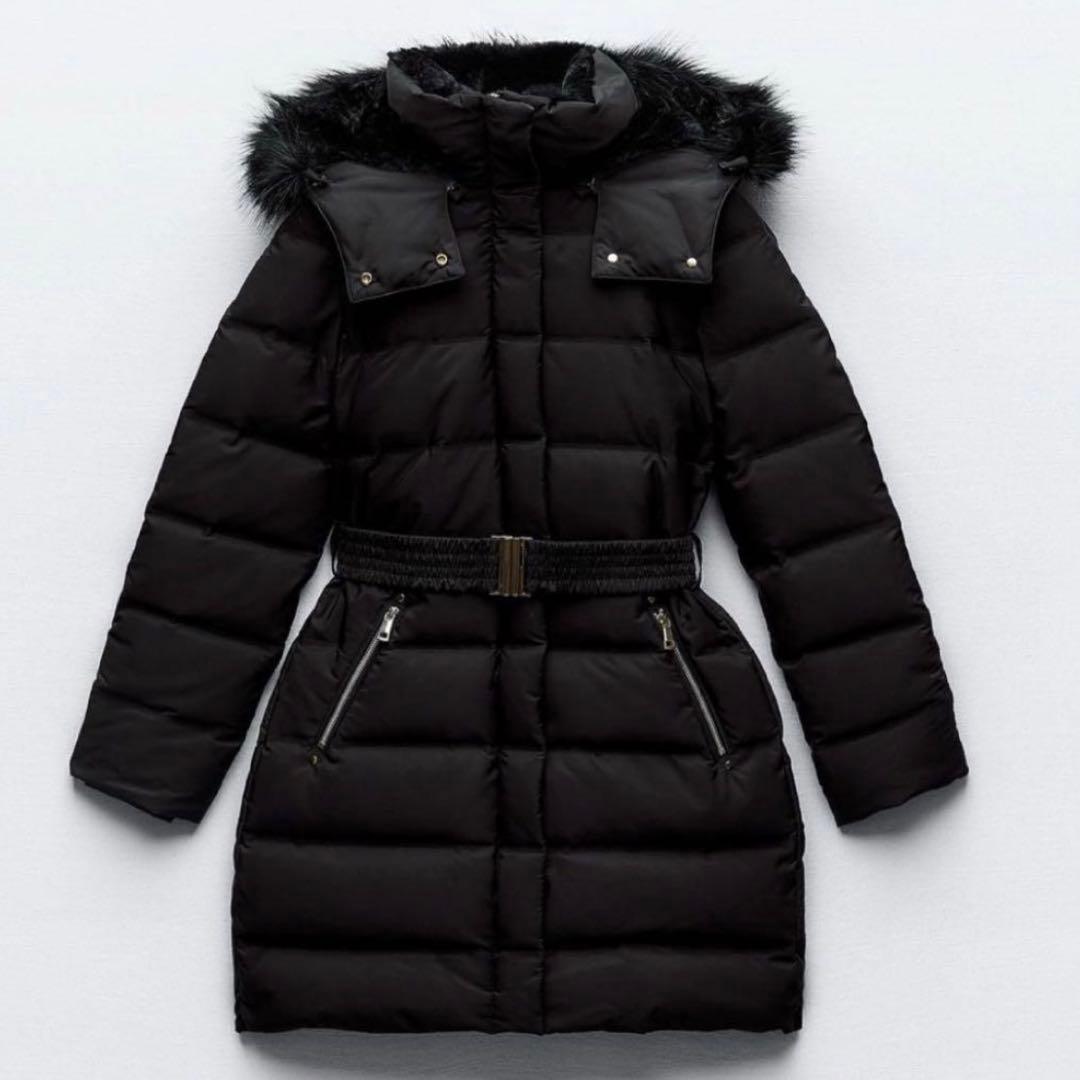 ZARA フード、ベルト付き　ダウンジャケット　ブラック　 S