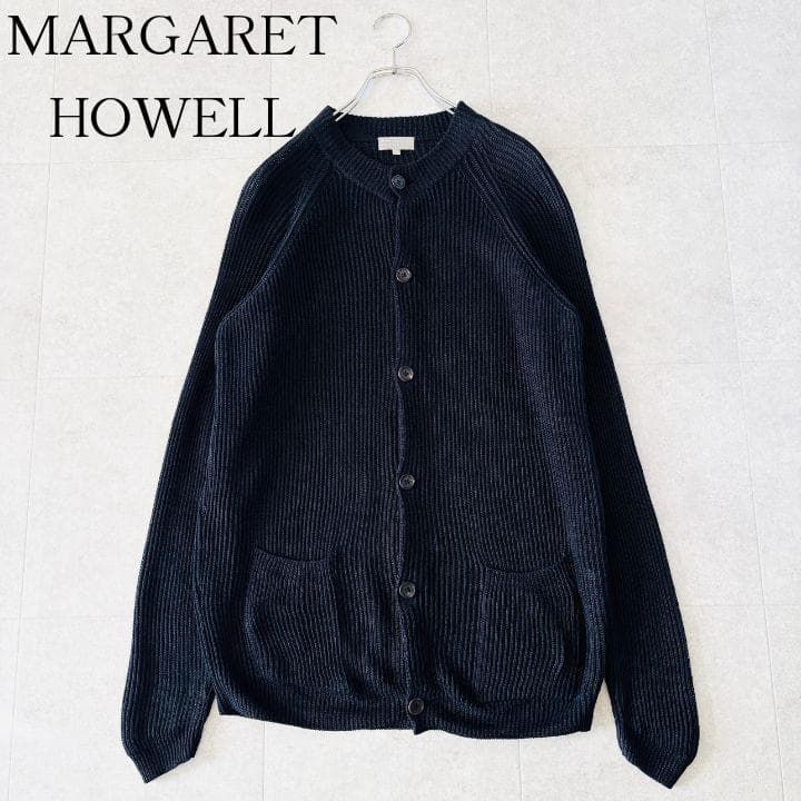 極美品✨️マーガレットハウエル リネン100%畦編みカーディガン 3L ネイビー