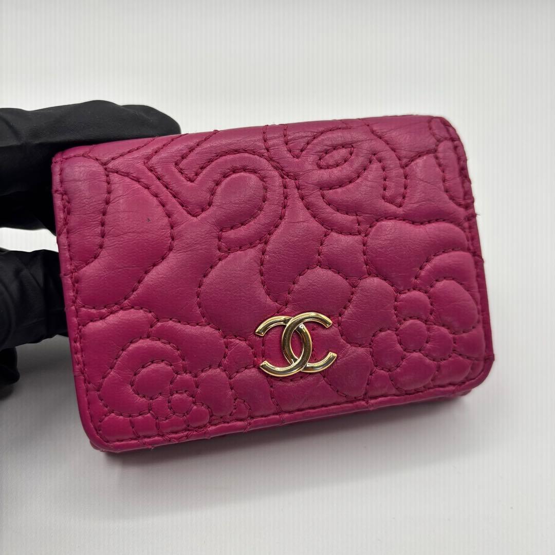 美品 CHANEL シャネル カメリア ラムスキン コンパクト 折り財布 ピンク