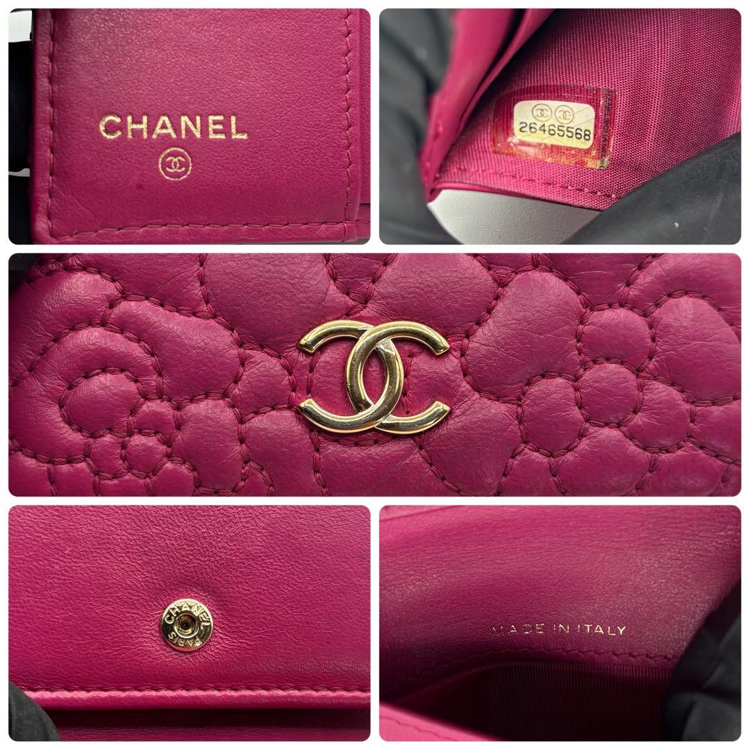 美品 CHANEL シャネル カメリア ラムスキン コンパクト 折り財布 ピンク