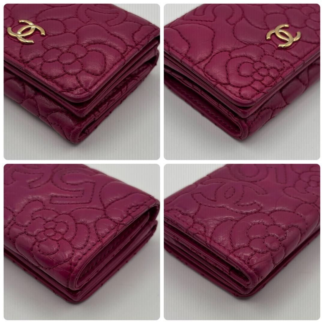 美品 CHANEL シャネル カメリア ラムスキン コンパクト 折り財布 ピンク