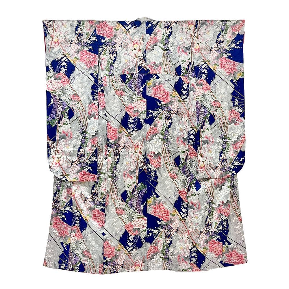 千總 振袖 正絹 青 友禅染 綸子 ちりめん 中古 花 №ymk0085