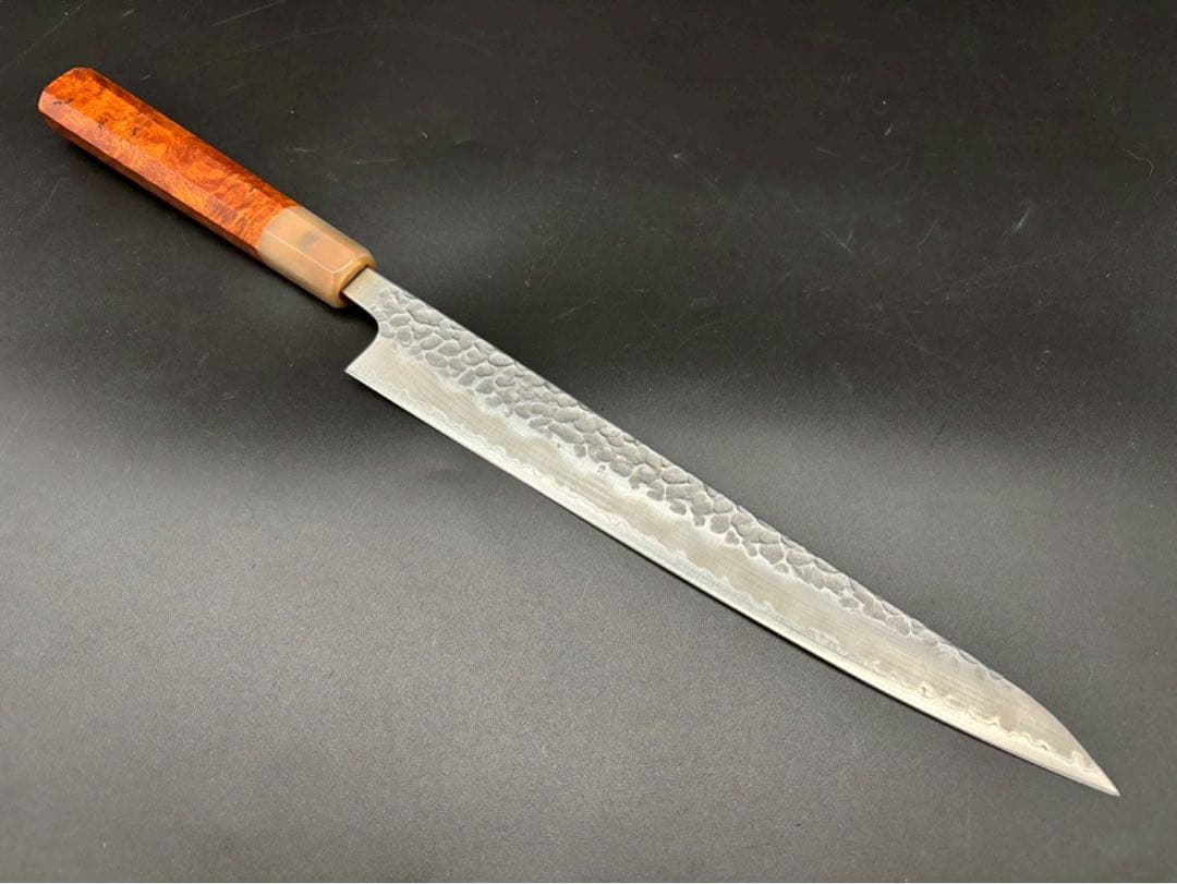 日本製　青紙スーパー鋼割り込み筋引き包丁240mm 花梨瘤八角柄　柳刃包丁