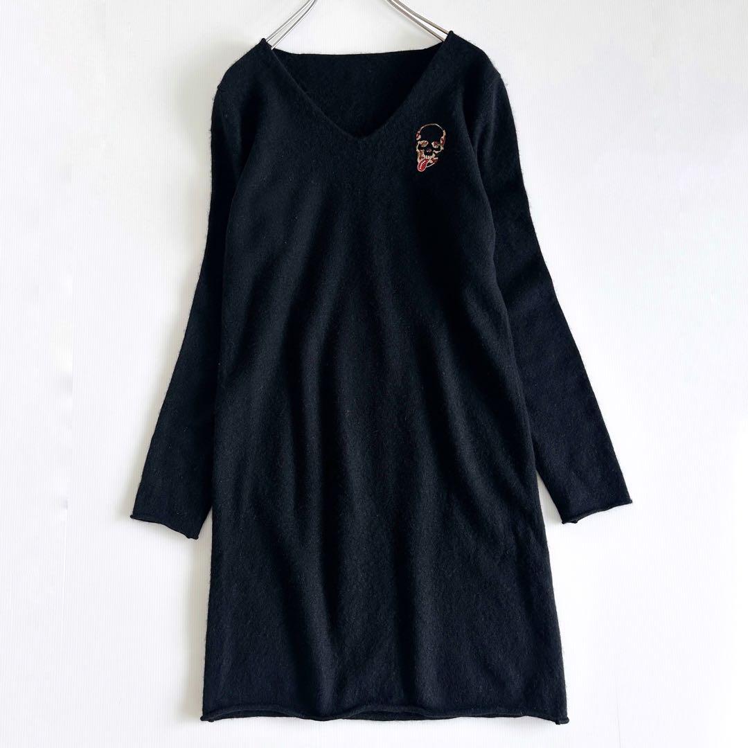 【カシミヤ100%】ルシアンペラフィネ / スカル刺繍 Vネック ワンピース