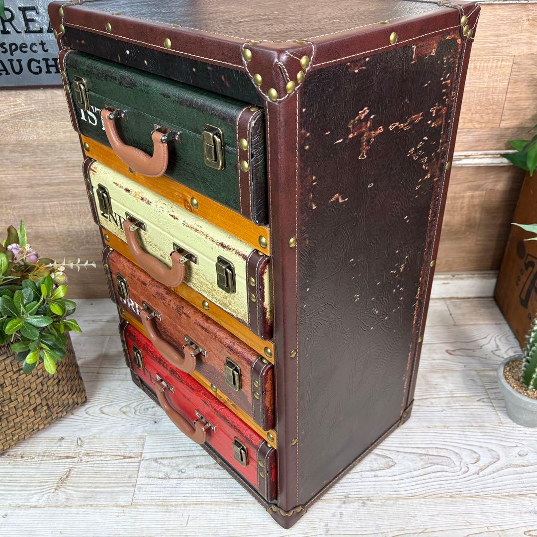訳あり品！【119】アンティークビンテージ調レザートランクチェスト四段収納タンス