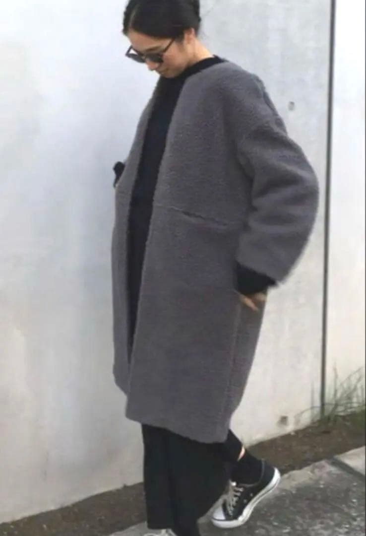 【美品】RIM ARK ノーカラーボアコート リムアーク　ロングコートク