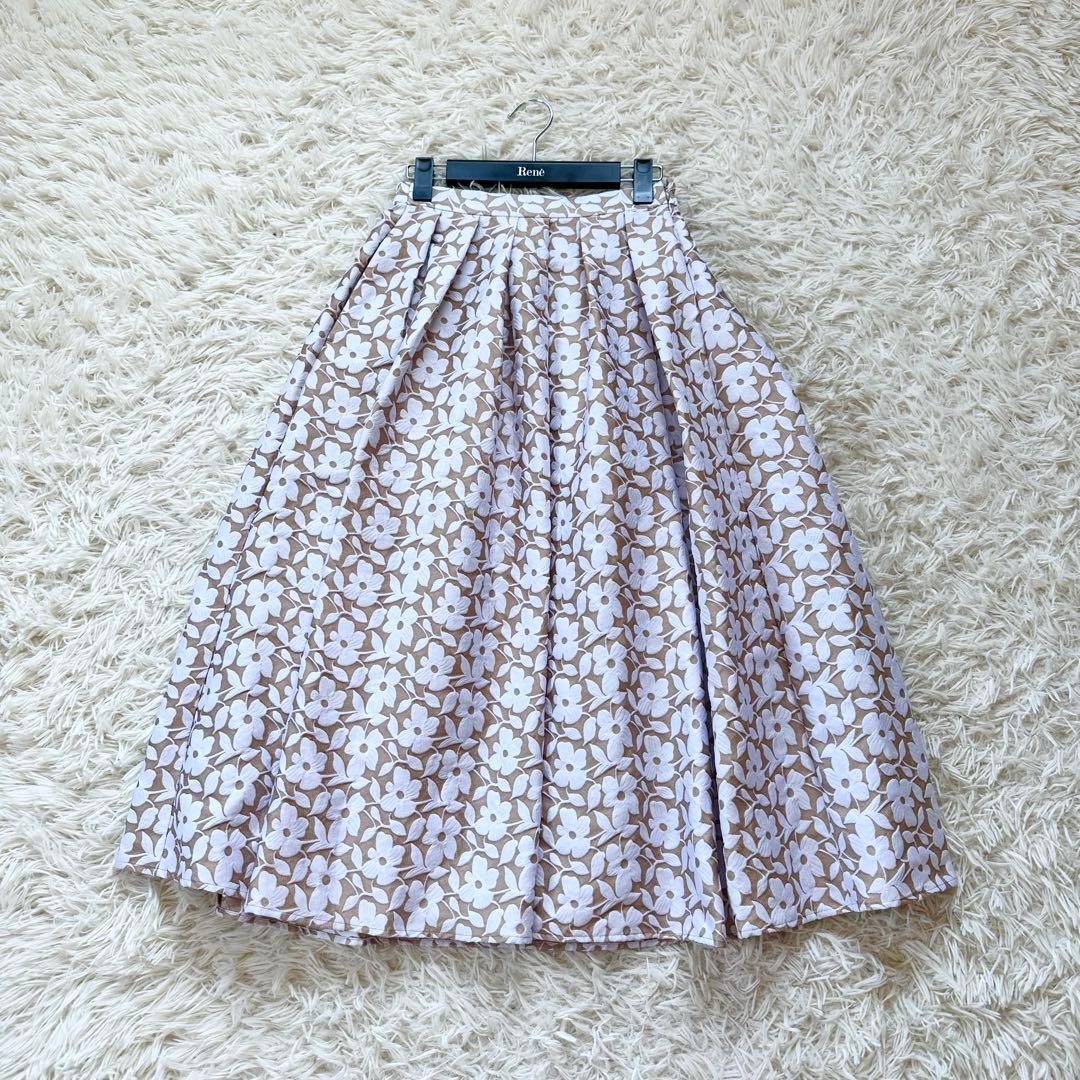 【着用1回】セブンテン　ツートンジャガードフラワースカート　ライトベージュ　S