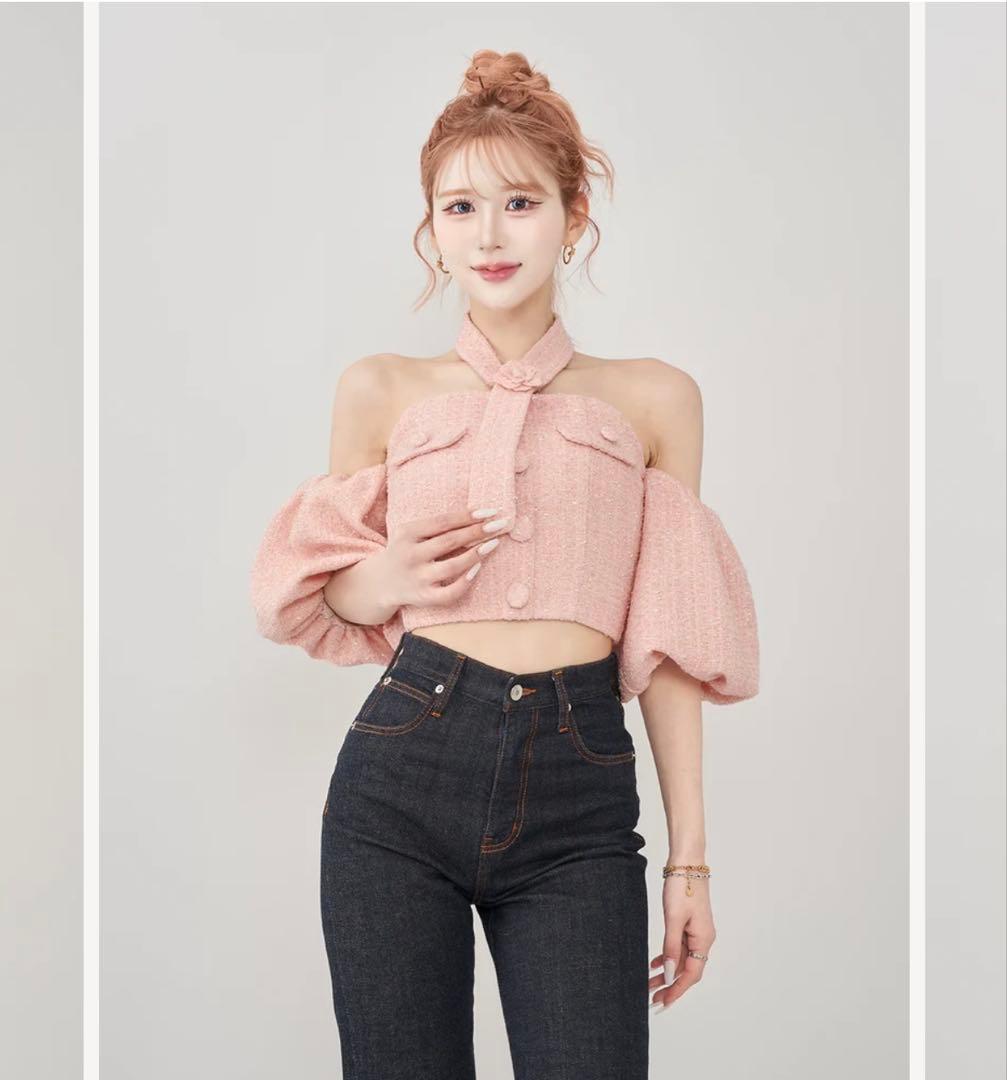 Darich ダーリッチ　ホルターネックオフショルツイードトップス　PNK