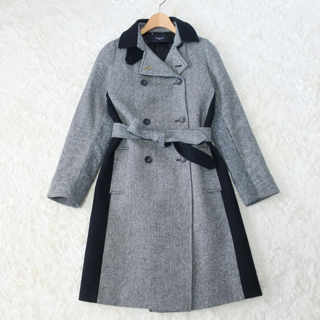 ポールスミス ロングコート バイカラー ヘリンボーン ウール グレー 黒 38