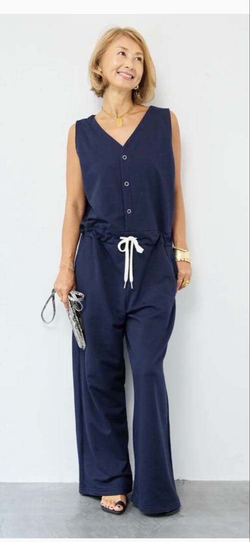 スウェットVネック オールインワン　ネイビー