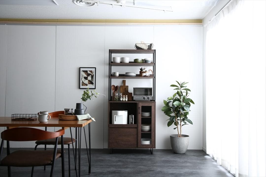 【送料無料】【幅80cm】オープン棚 キッチン収納 ガラス扉 レンジ