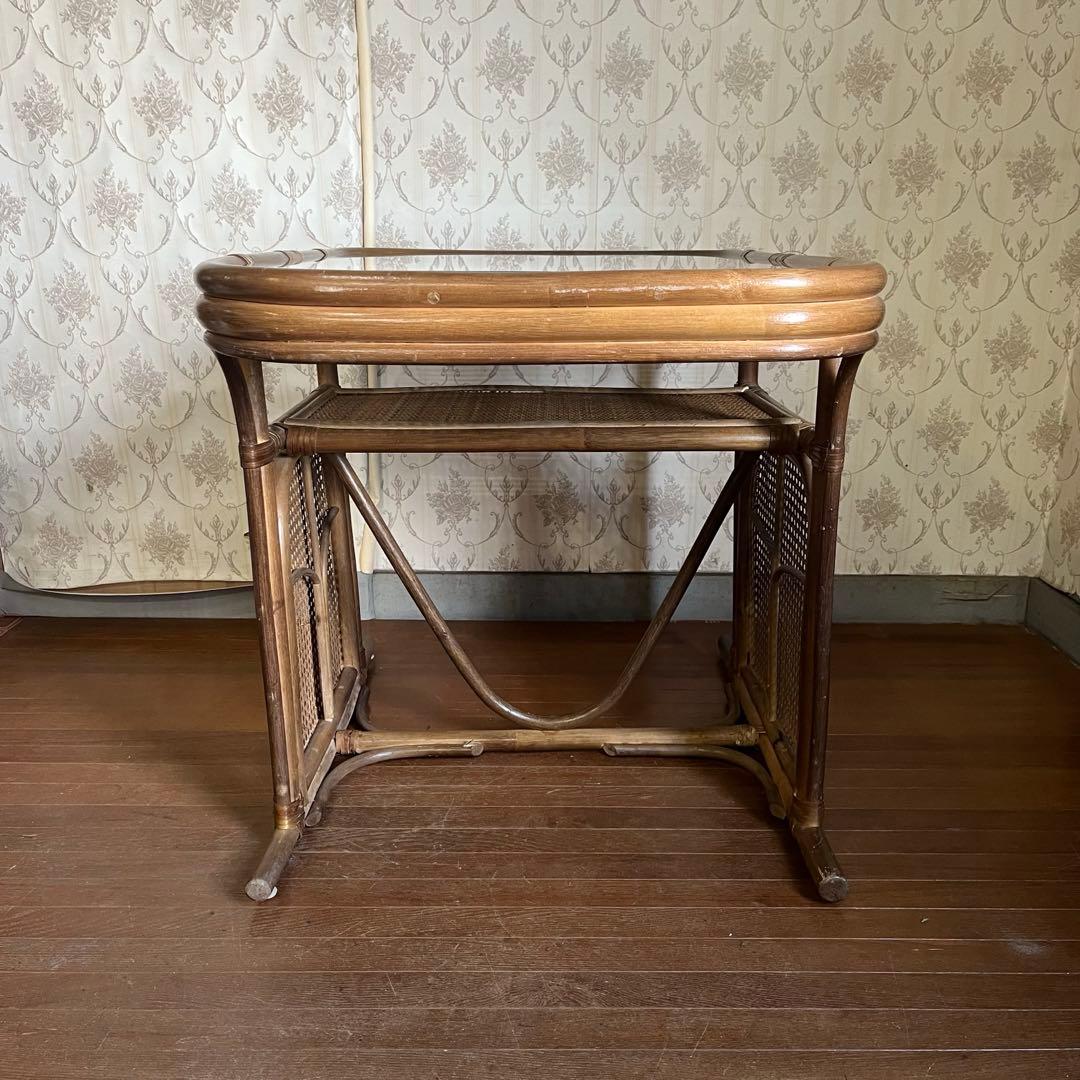 【アンティーク】籐 ラタン ガラステーブル ダイニングテーブル 古民家 古家具