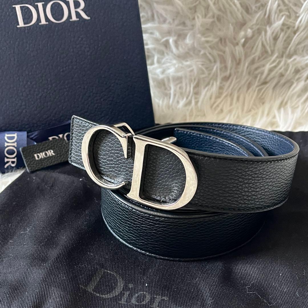 ディオール　ベルト　CDロゴ　リバーシブル　レザー　ブラック　紺色　イタリア製