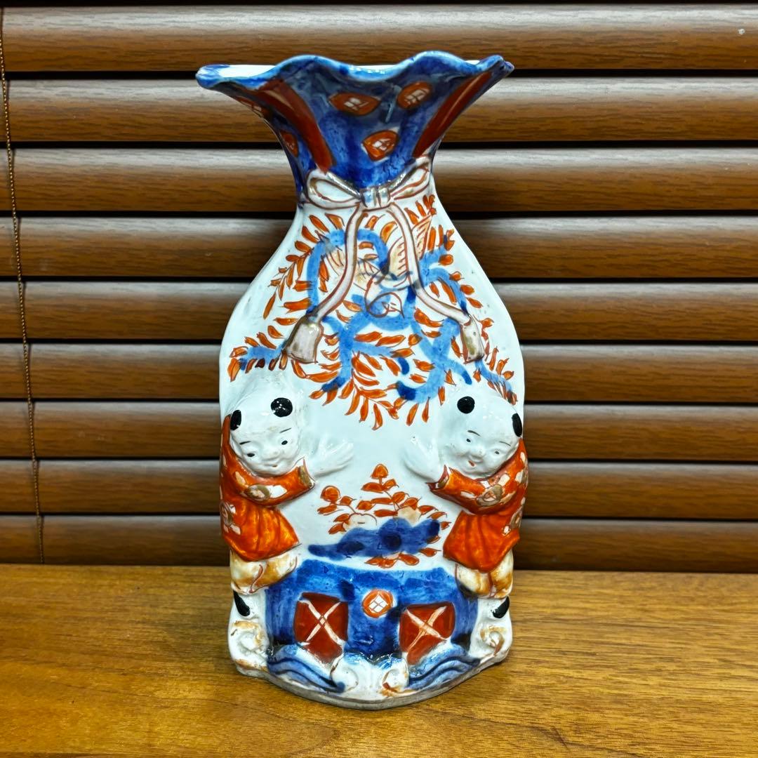 江戸時代　古伊万里　赤絵　唐子　掛け花入　花瓶　花器