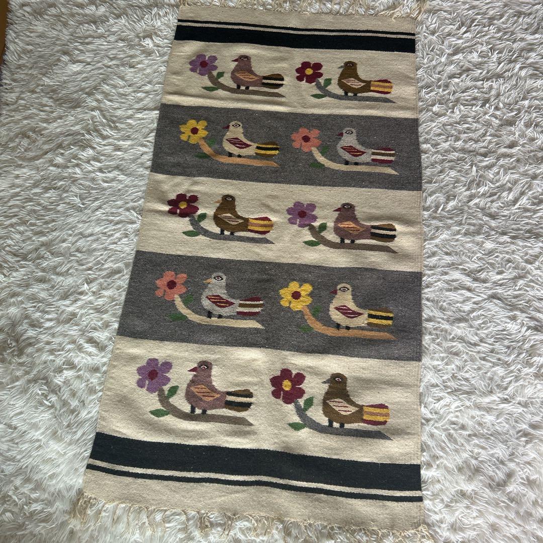 【希少品】ヴィンテージ　メキシカン ラグ マット　鳥柄　BIRD フリンジ付き