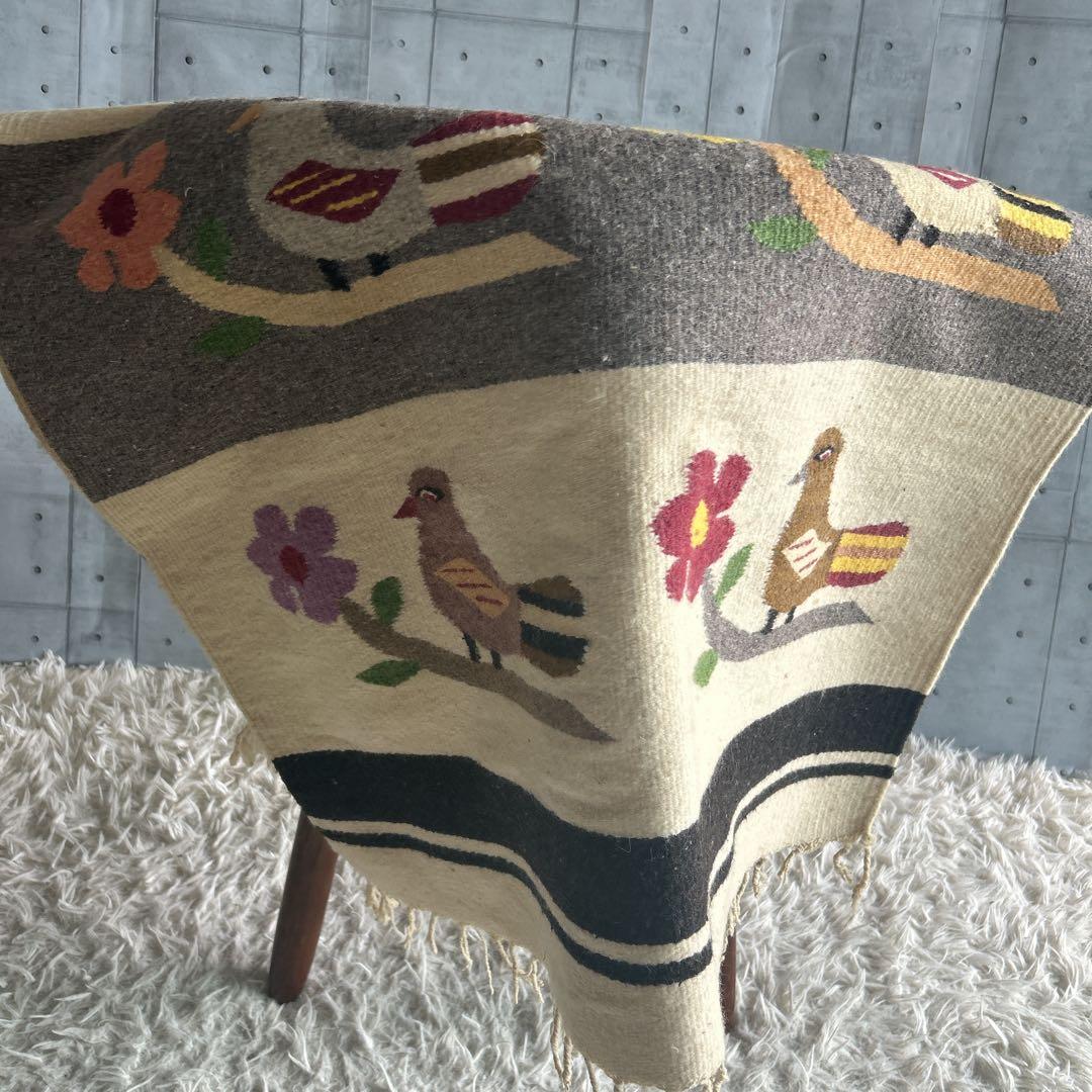 【希少品】ヴィンテージ　メキシカン ラグ マット　鳥柄　BIRD フリンジ付き